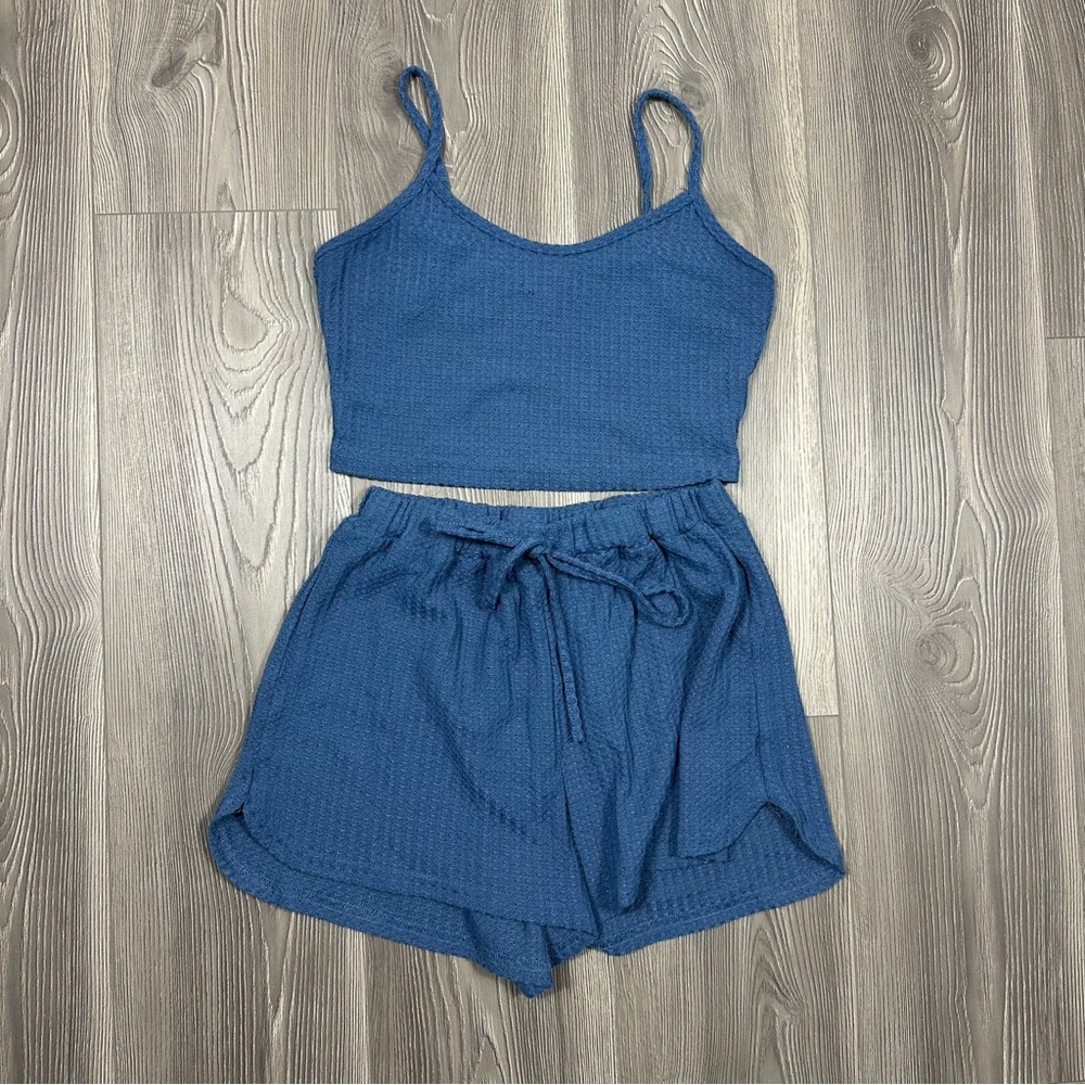 SHEIN Dusty Blue Waffle Knit Tank & Shorts Lounge Set, Size M‎